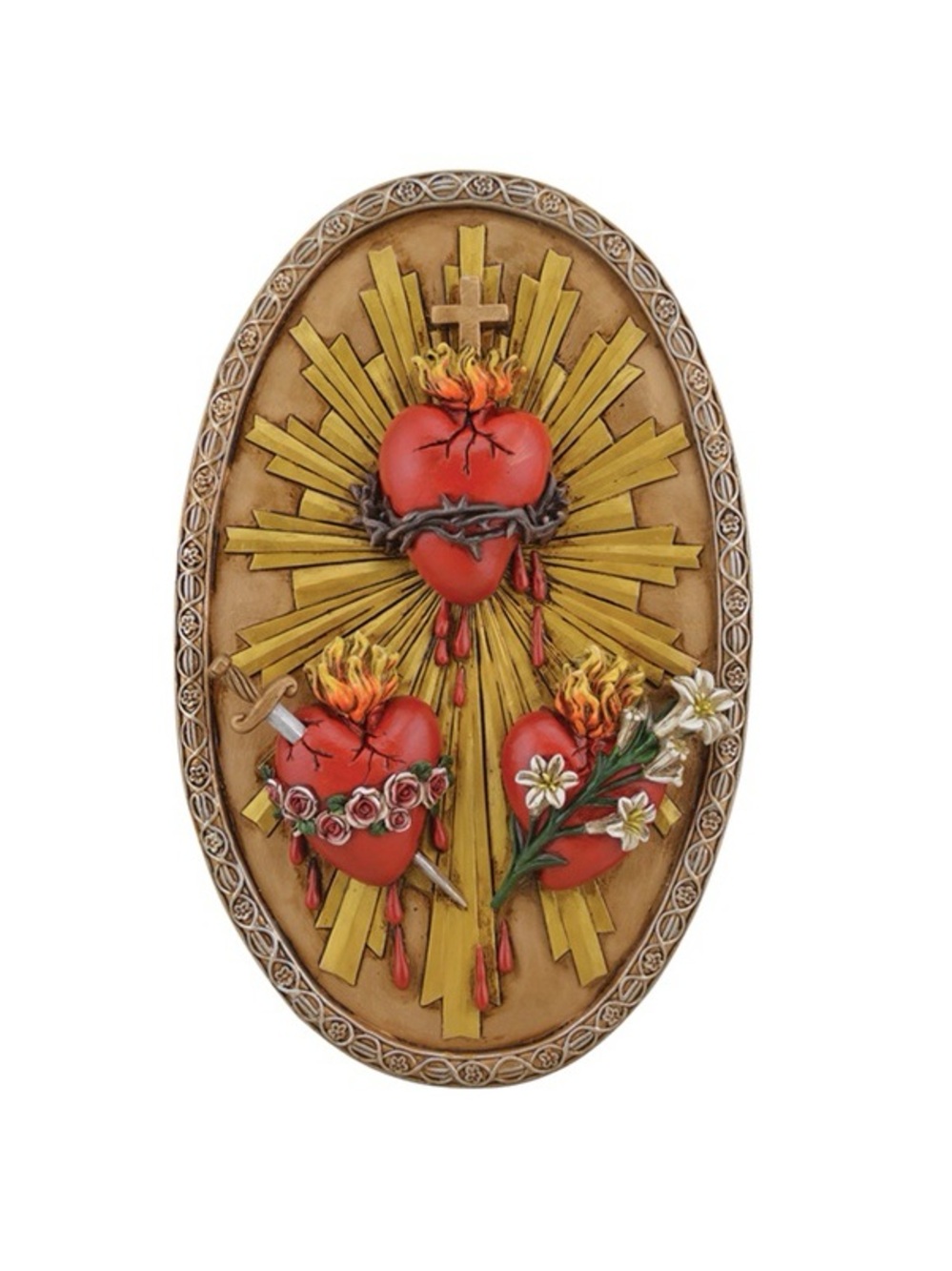 Decorative Triple Sacred Heart Wall Plaque - Red and Gold